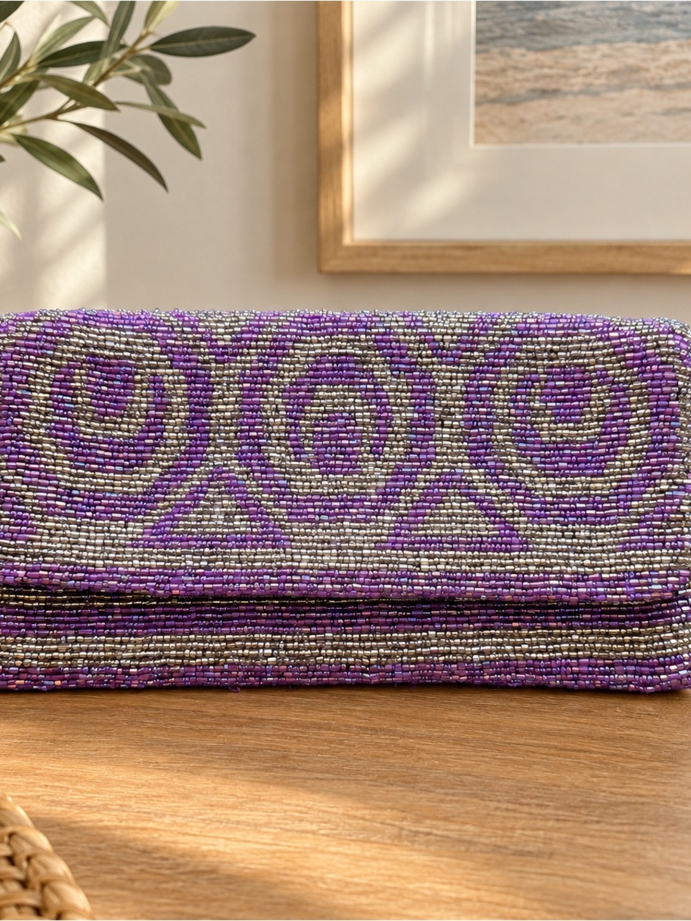 MOYNA Purple & Silver Hand-Beaded Foldover Clutch